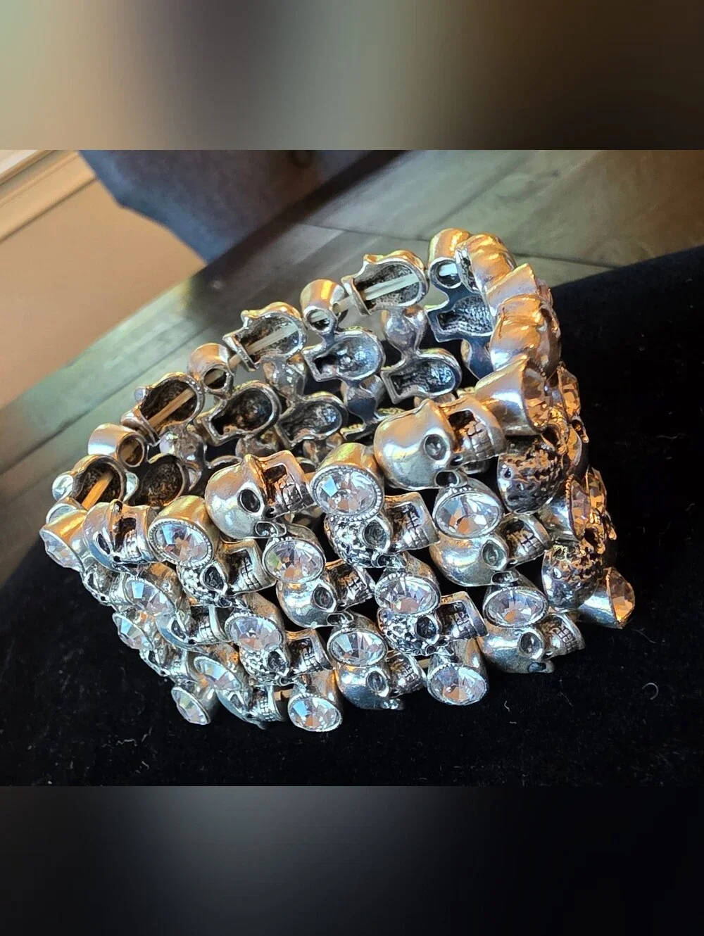 Silver Skull Rhinestone Wide Stretch Cuff